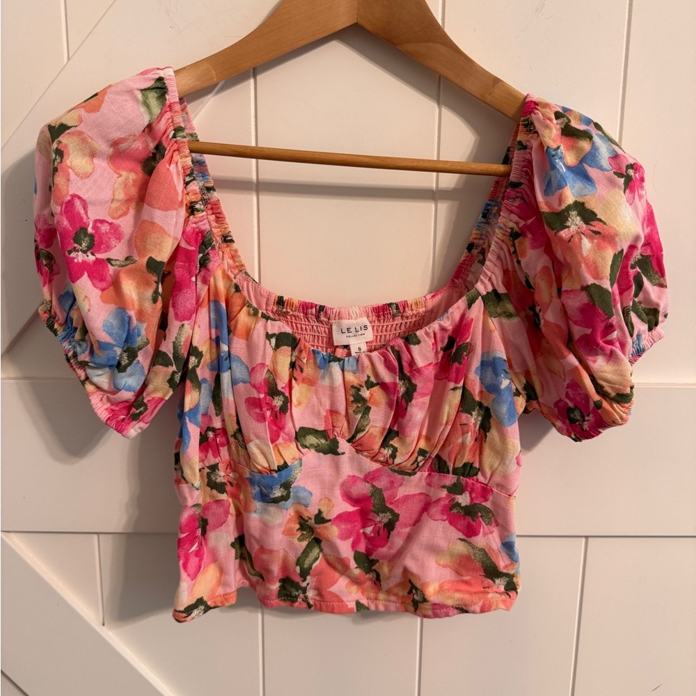 Le Lis Pink Multicolor Floral Puff Sleeve Blouse Bustier Crop Top Women’s Small